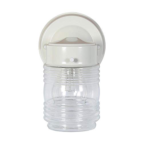 Design House Jelly Jar 1-Light Outdoor Wall Lantern, White Finish, Clear Ribbed Glass, Wet Rated Exterior Porch Light for Patio, Garage, Entryway, Front Door, and Deck, 500181