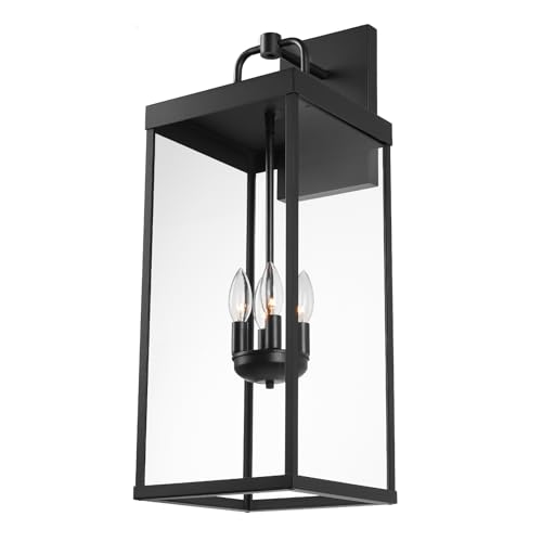 Outdoor Wall Sconce Light, 28 Inch Tall Transitional Exterior Wall Bracket Lighting with Clear Glass, Modern Anti-Rust Outside Black Carriage Lantern Lamp for Front Porch Corridor Doorway Patio