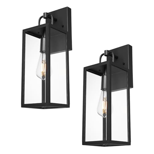 Outdoor Wall Sconce Lights, 16 Inch Tall Transitional Exterior Wall Light Fixtures with Clear Glass, Anti-Rust Modern Black Outside Lanterns Lamps for House Front Porch Doorway Patio, 2 Pack