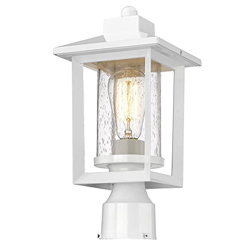 Outdoor Post Lights, Exterior Post Lantern, Outdoor Post Lamp, Pathway Post Lighting Fixture with Seeded Glass, Pillar Light in White Finish, Van-P WH