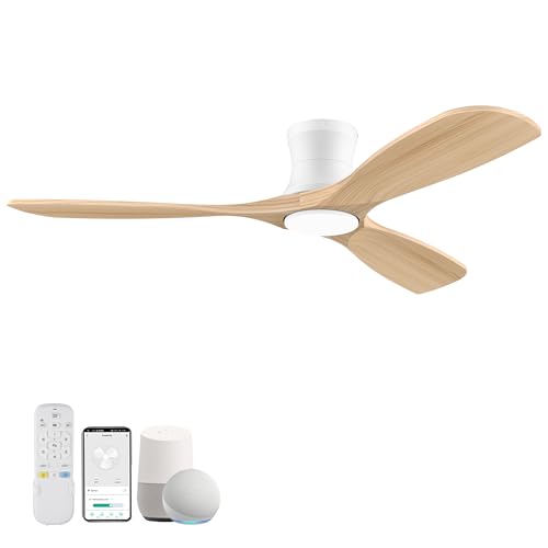 52” Wood Smart Flush Mount Ceiling Fans with Lights Remote,Low Profile