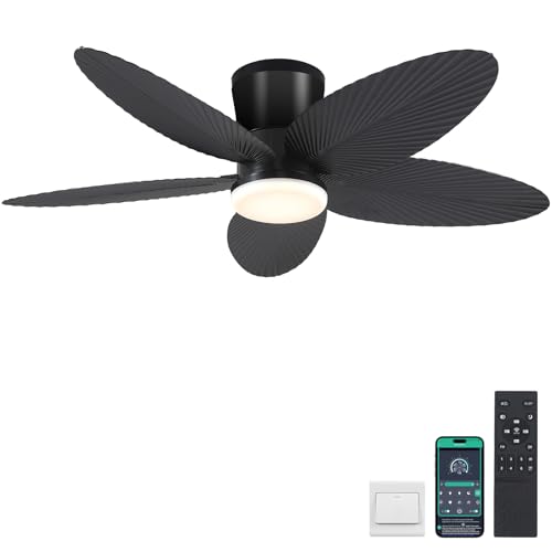 Surtime Palm Leaf Ceiling Fans with Lights-42 Tropical Ceiling Fan with Light and Remote/APP Control,Flush Mount Low Profile Black Ceiling Fans for Bedroom,Indoor/Outdoor Patio Use