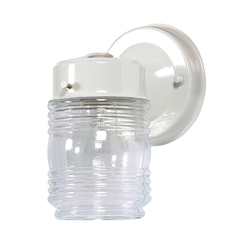 Design House Jelly Jar 1-Light Outdoor Wall Lantern, White Finish, Clear Ribbed Glass, Wet Rated Exterior Porch Light for Patio, Garage, Entryway, Front Door, and Deck, 500181