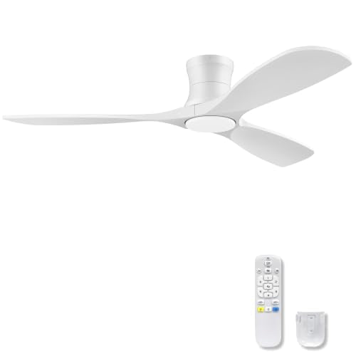52Inch Wood Low Profile Ceiling Fans with Lights Remote,Flush Mount,White