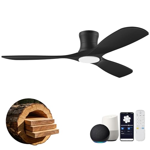 52” Smart Low Profile Ceiling Fans with Light Remote,Flush Mount,Black,Wood