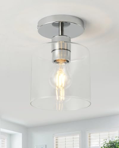 2 Pack Chrome Semi Flush Mount Ceiling Light,Clear Glass Cylinder Shade
