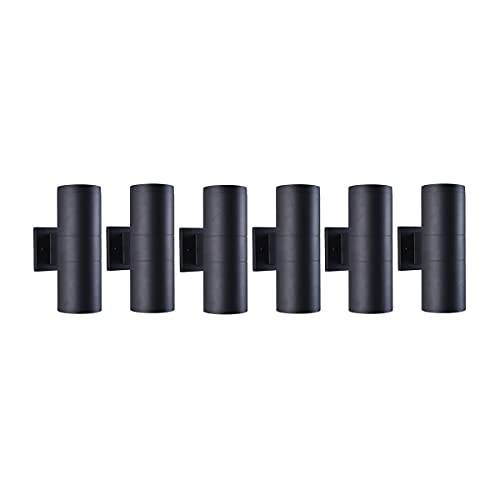 mirrea Modern Outdoor Porch Light Patio Light in 2 Lights with Matte Black Aluminum Cylinder and Tempered Glass Cover Waterproof Wall Sconce 6 Pack
