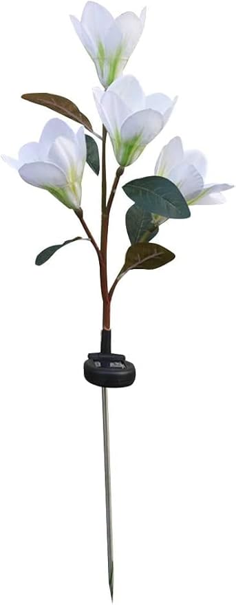 Solar Garden Lights Solar Light Outdoor, Magnolia Flower Lamp Stick Lamp 4 Forks Garden Ground Lamp for Home (Pink Magnolia White Light) (Color : White)