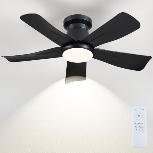 Surtime 36" Black Low Profile Flush Mount Ceiling Fan with Light and Remote
