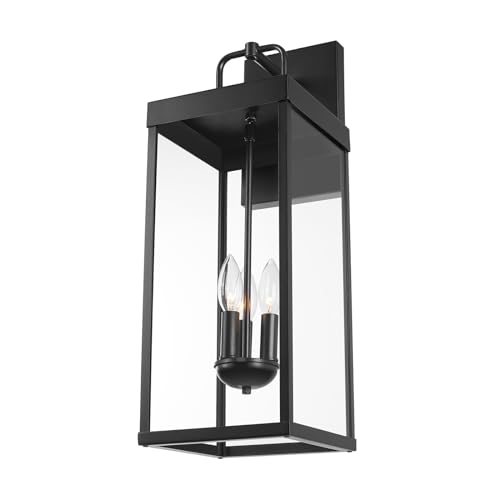 Outdoor Wall Sconce Light, 24 Inch Tall Transitional Exterior Wall Bracket Lighting with Clear Glass, Anti-Rust Powder Coat Black Modern Outside Carriage Lantern Lamp for Porch Garage Patio
