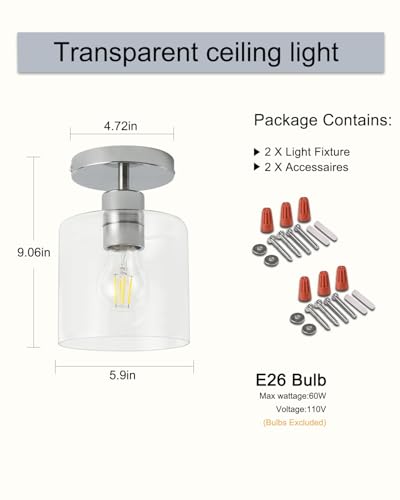 2 Pack Chrome Semi Flush Mount Ceiling Light,Clear Glass Cylinder Shade
