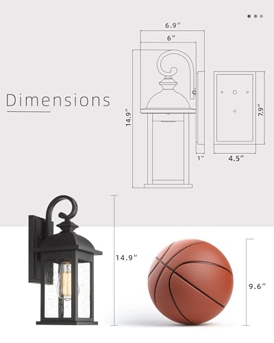 FEMILA Outdoor Wall Sconce, 15" Matte Black Seeded Glass Outdoor Sconce Lights, Front Porch Light Fixtures Wall Mount, Garage Lights for Patio, Entryway, Garden, E26 Base, 4FD54B BK