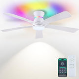 Surtime 52" White Ceiling Fans with RGB Lights - Flush Mount Ceiling Fan Light with LED 3CCT Dimmable, Modern Low Profile Ceiling Fans for Indoor Party,Covered Outdoor