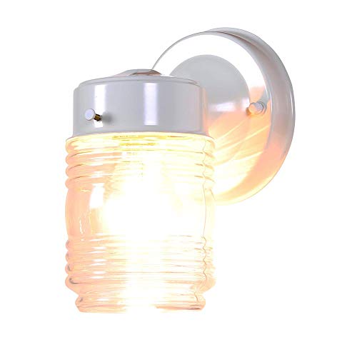 Design House Jelly Jar 1-Light Outdoor Wall Lantern, White Finish, Clear Ribbed Glass, Wet Rated Exterior Porch Light for Patio, Garage, Entryway, Front Door, and Deck, 500181