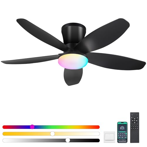 Surtime Flush Mount RGB Ceiling Fans with Lights-36 Low Profile Ceiling Fan with Light and Remote/APP Control,DC Reversible,LED Dimmable Blakc Ceiling Fans for Bedroom,Indoor/Outdoor Patio Use