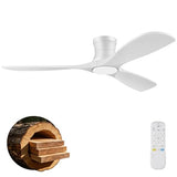 52 Inch Wood Low Profile Ceiling Fans with Lights Remote,Flush Mount,White