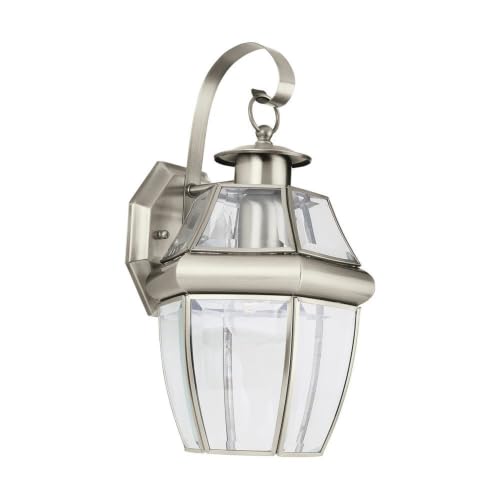 Generation Lighting 8067-965 Lancaster Solid Brass Outdoor Wall Lighting, 75W, Antique Brushed Nickel, 14 Inch Height, 100 Total Watts, 7.75 Inch Wide, Clear Curved Beveled Glass Shade
