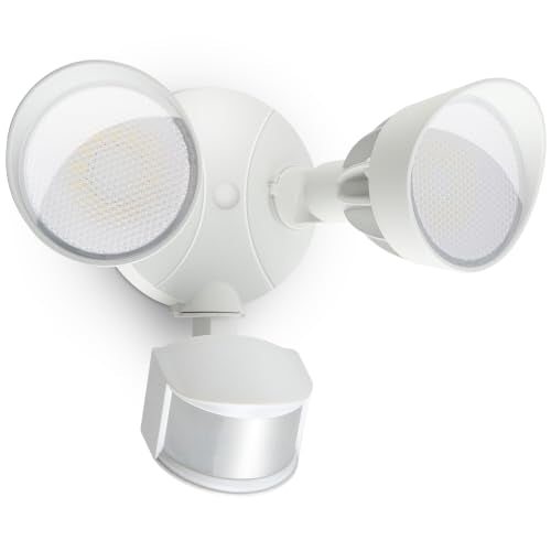 45W 5500LM PIR Motion Sensor Outdoor Lights, Dual Head LED Flood Light, 5000K Daylight, IP65 Waterproof Hardwired Dusk to Dawn Motion Detector Security Light for Outside Garage Yard (White)