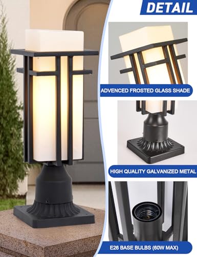Outdoor Post Lights Waterproof Metal Frame with Milk White Frosted Glass Pier Mount Outdoor Lighting Fixtures(with 3-Inch Pier Mount Base) Pillar Light Post Lantern for Garden Backyard and Porch