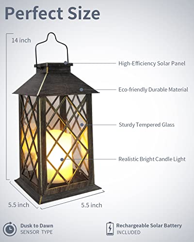 2 Pack 14'' Durable Tempered Glass Solar Lanterns Outdoor Waterproof