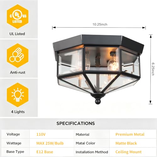 Kalium Flush Mount Outdoor Ceiling Light Fixture, 4 Light Exterior.