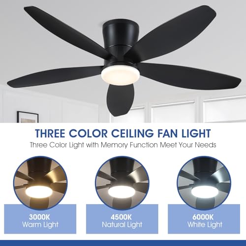 Surtime 48" Ceiling Fans with Lights-Low Profile Ceiling Fan with Light and Remote/APP Control, Black Flush Mount Ceiling Fans,DC Reversible,LED Dimmable