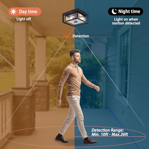 CALOKES Motion Sensor Outdoor Ceiling Light - Industrial Style, Flush Mount, Dual Box Frame with Water Ripple Glass Design - Perfect for Porch, Garage, and Entryway, Time and Sensitivity Adjustable