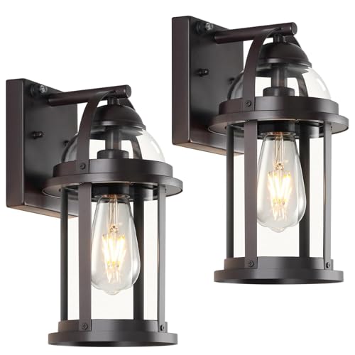Dusk to Dawn Outdoor Wall Lights, Waterproof Lighting Fixtures Rustic Farmhouse Wall Lanterns with Clear Glass Shades Anti-Rust Outside Lights for Garage Patio Porch(Brown, 2 Pack)