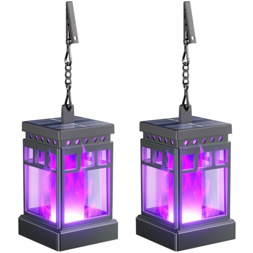 KOOPER Hanging Solar Lanterns Outdoor Waterproof, 2PCS Flickering Flame Hanging Solar Lights for Outside, Outdoor Solar Lanterns up to 12 Hours, Lanterns Decorative for Patio Yard Decor (Purple Light)