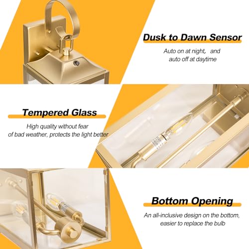 19" Dusk to Dawn Outdoor Wall Lantern 2-Light, Gold Outdoor Wall Lights