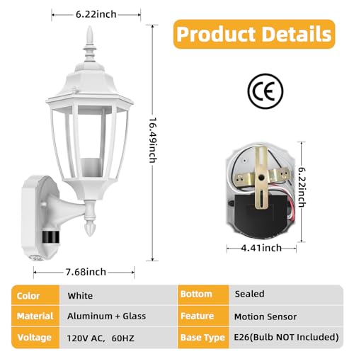 Lamomo Motion Sensor Outdoor Wall Lights Fixtures, 2-Pack Porch Lamp, White