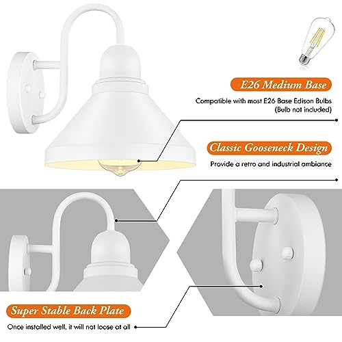 Brightever Gooseneck Outdoor Wall Lanterns, Pack of 2 Exterior Light Fixtures, Anti-Rust Outside Barn Wall Mount Sconces, Waterproof White Patio Wall Lamps for House, Front Door, Bulb Excluded