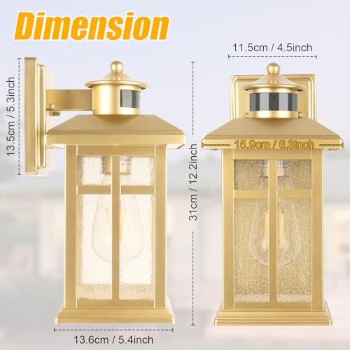 Exterior Motion Wall Sconce, 2 Pack Outdoor Light Fixture Wall Mount Gold