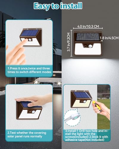 kolpop Solar Lights Outdoor 1 Pack, 140LED/3 Modes Motion Sensor Lights Solar Powered, Wireless IP65 Waterproof Wall Lights Outdoor Lights, Bright for Deck Fence Patio Front Door, White Light (Brown)