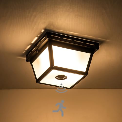 2-Light Motion Sensor Ceiling Light Fixture Outdoor Flush Mount Light Porch Lights Ceiling Mount Black with Textured Glass for Front Porch Deck Covered Patio Hallway