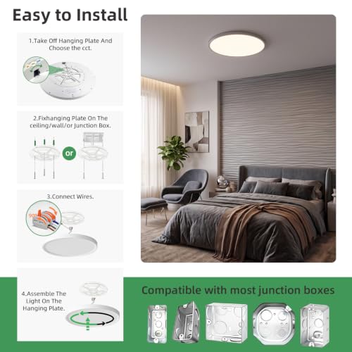 15.8Inch White LED Flush Mount Ceiling Light, 32W, 3480LM, 3CCT Selectable