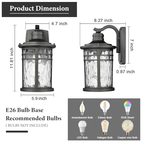 Darkaway Outdoor Porch Lights Wall Mount, Outside Light Fixtures Sconces Wall Lighting with Water Ripple Glass Waterproof Exterior Lights for Patio Yard House Hallway Doorway Garage