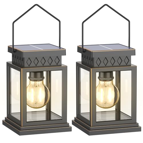 2 Pack Farmhouse Solar Lanterns ,Glass Solar Lights Bulb ,Outdoor Waterproof Upgraded Solar and 2 AA Batteries Powered, for Outside Porch, Patio and Indoor Tables, Mantelpiece.
