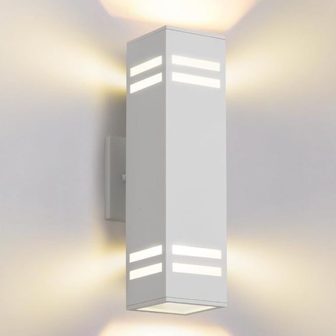 Cerdeco Aluminum Modern Outdoor Wall Light,15" Exterior Up Down Wall Sconce Light Fixture Sand Textured White with 3-Sided Frosted Glasses [ETL Listed]