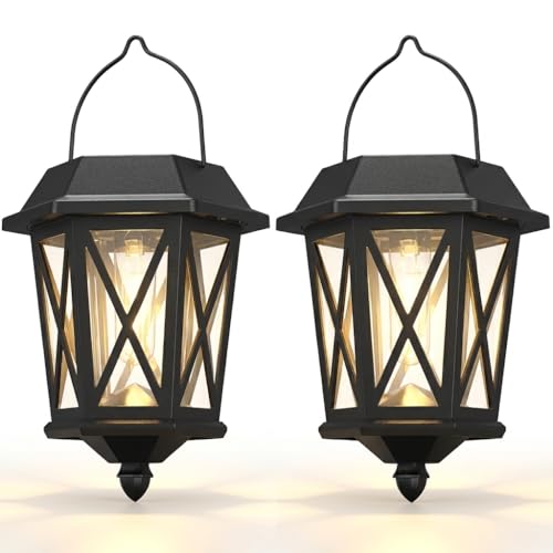 Solar Lanterns Outdoor Waterproof, Hanging Solar Lights with Glass Shade - 2 Pack LED Metal Wall Mount Outdoor Light for Yard/Garden/Patio - Black