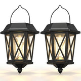 Solar Lanterns Outdoor Waterproof, Hanging Solar Lights with Glass Shade - 2 Pack LED Metal Wall Mount Outdoor Light for Yard/Garden/Patio - Black