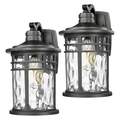 Darkaway 2pcs Large Outdoor Porch Lights Wall Mount, 15inch Outside Light Fixtures Sconces Wall Lighting with Water Ripple Glass Waterproof Exterior Lights for Patio Yard Garage