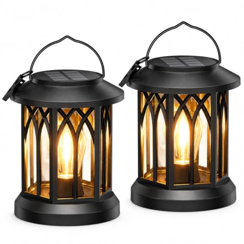Solar Lanterns Outdoor Waterproof 2 Pack, Hanging Solar Lights with 2700K Warm LED Light, IP65 Solar Powered Lanterns with Clip, Auto On/Off Outdoor Lanterns for Garden Patio Yard Porch Decor