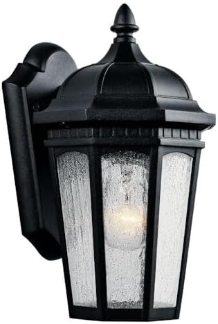 Kichler Courtyard 11" 1 Light Outdoor Wall Light with Clear Seeded Glass in Textured Black, 16-Inch | Lumora