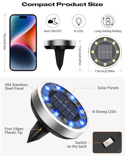 btfarm 16 Pack Solar Lights Outdoor Waterproof, 8 LED Solar Ground Lights