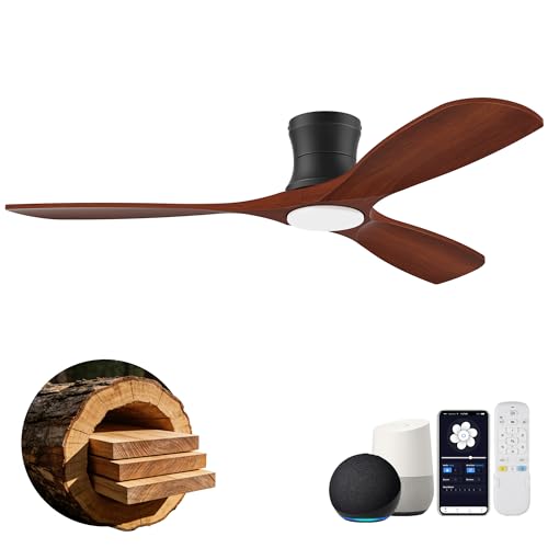 52 Inch Smart Low Profile Ceiling Fans with Lights Remote,Wood,Flush Mount