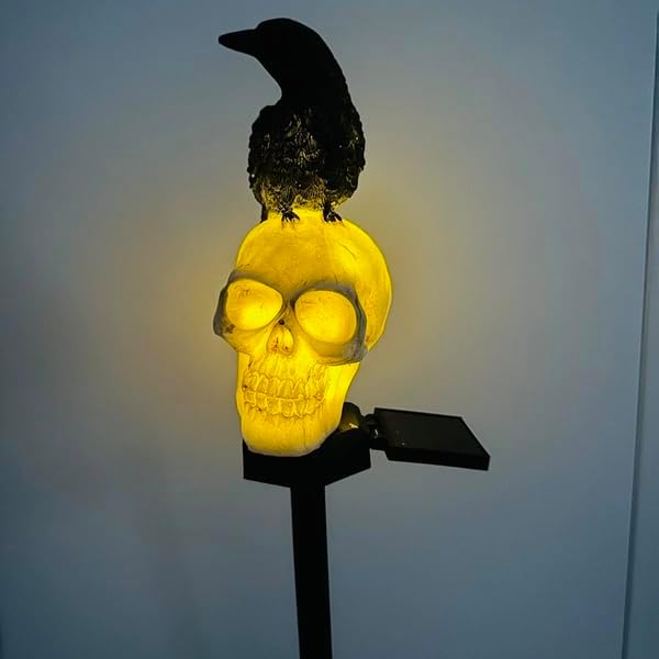 2 Packs of LED Solar Crow Skull Lights, Halloween Outdoor Atmosphere Decoration lamp, and Cute Resin Crow Skull Courtyard Landscape Lights.