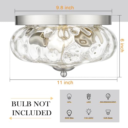 Darkaway Ceiling Light Fixtures Flush Mount Indoor Outdoor Ceiling Light with Water Ripple Glass Shade for Hallway Kitchen Bedroom Porch Living Room Nickel Finish
