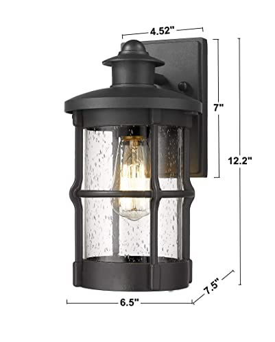 Outdoor Wall Sconces, Outdoor Wall Lights, Exterior Wall Mount Lighting, Wall Light Fixture in Black Finish with Seeded Glass (Black, 2 Pack)