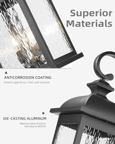 FEMILA 26" Outdoor Wall Light, Large Exterior Wall Lantern with Water Ripple Glass, 3-Light Outdoor Wall Light Fixtures for Entryway, Patio, Garage, Doorway, E12 Base, 4FD54B-L BK